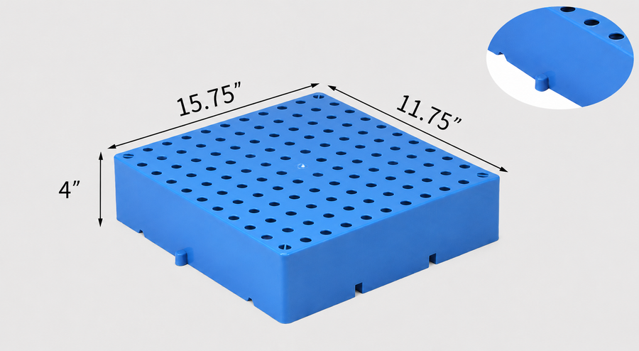Blue compact retail riser measuring 15.75 by 11.75 by 4 inches